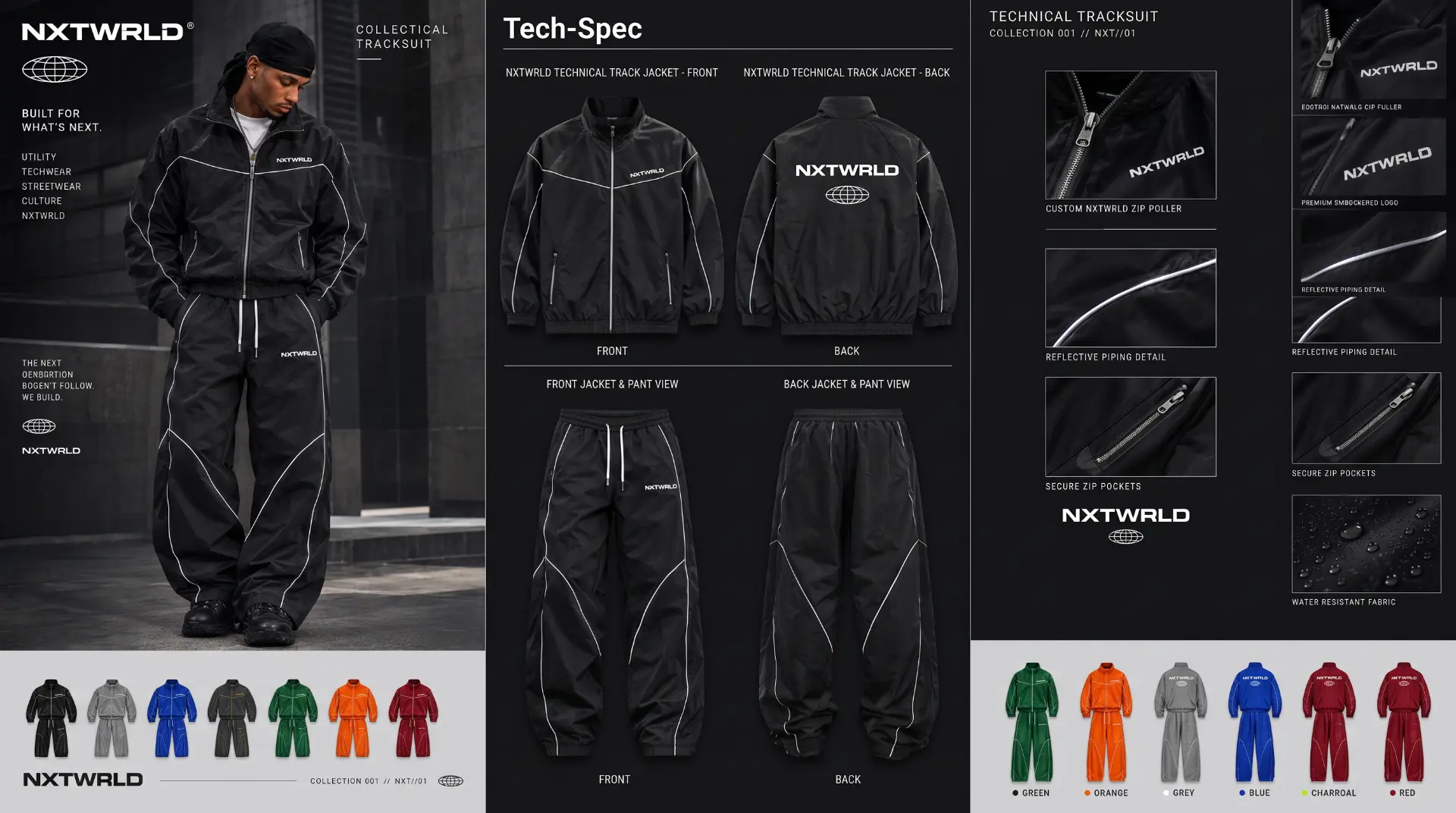 Black reflective technical tracksuit specification board