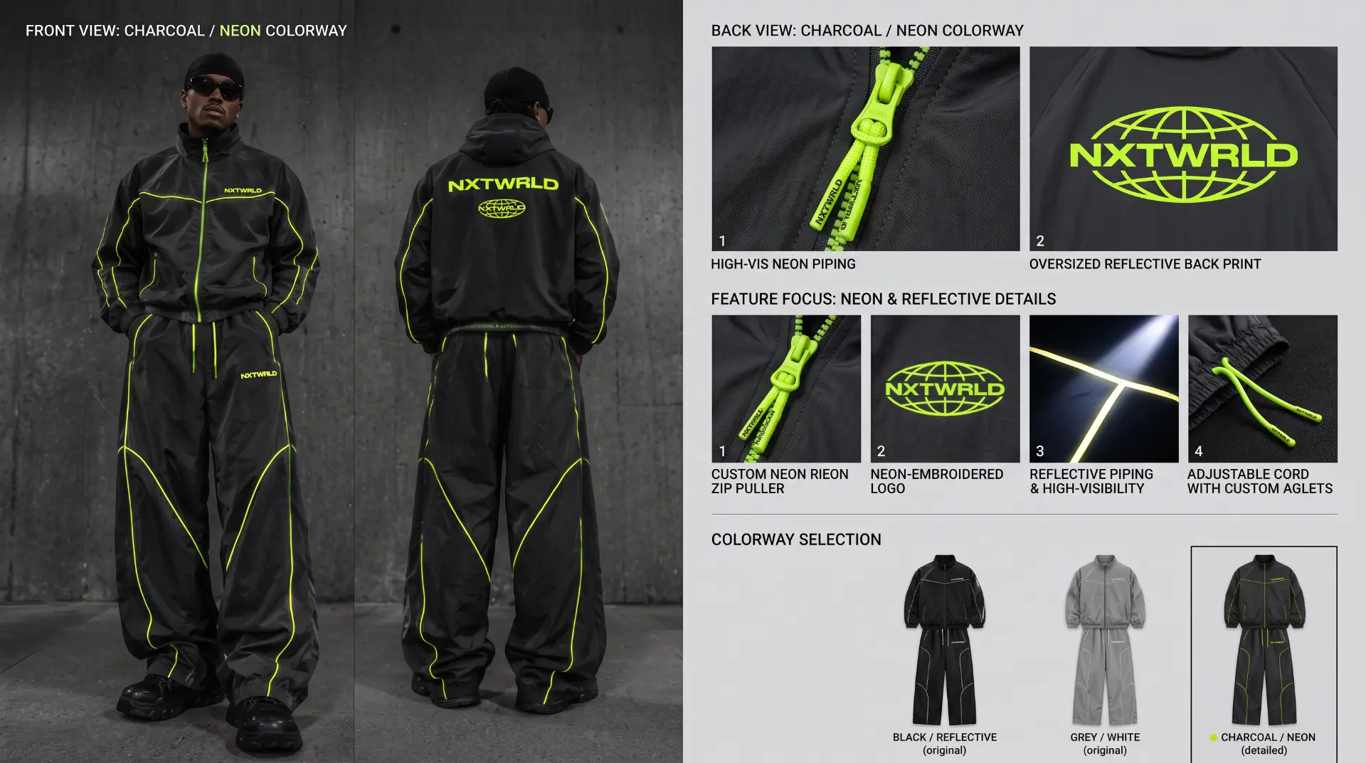 NXTWRLD charcoal and neon technical tracksuit campaign